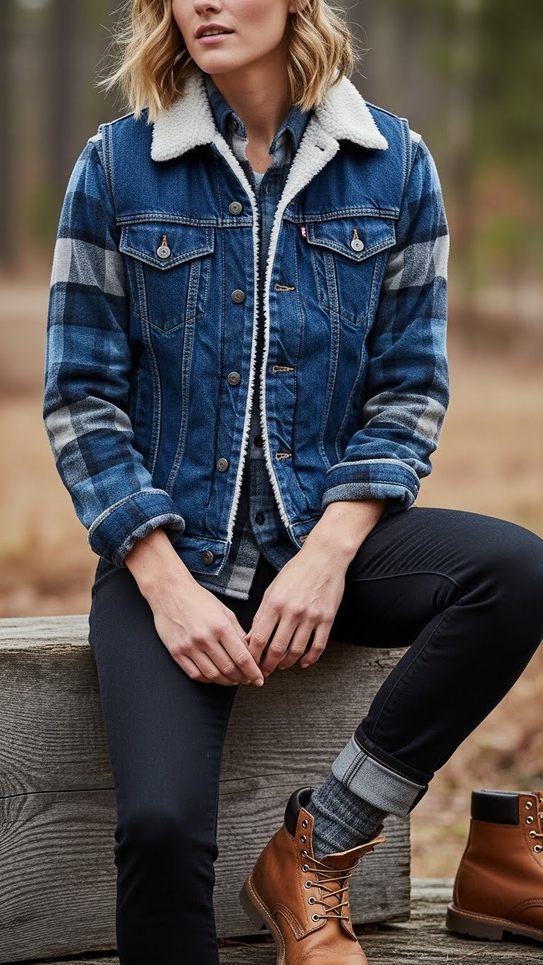 Shearling-lined denim vest over flannel shirt, black jeans, work boots in rustic outdoor setting. Rugged winter style.