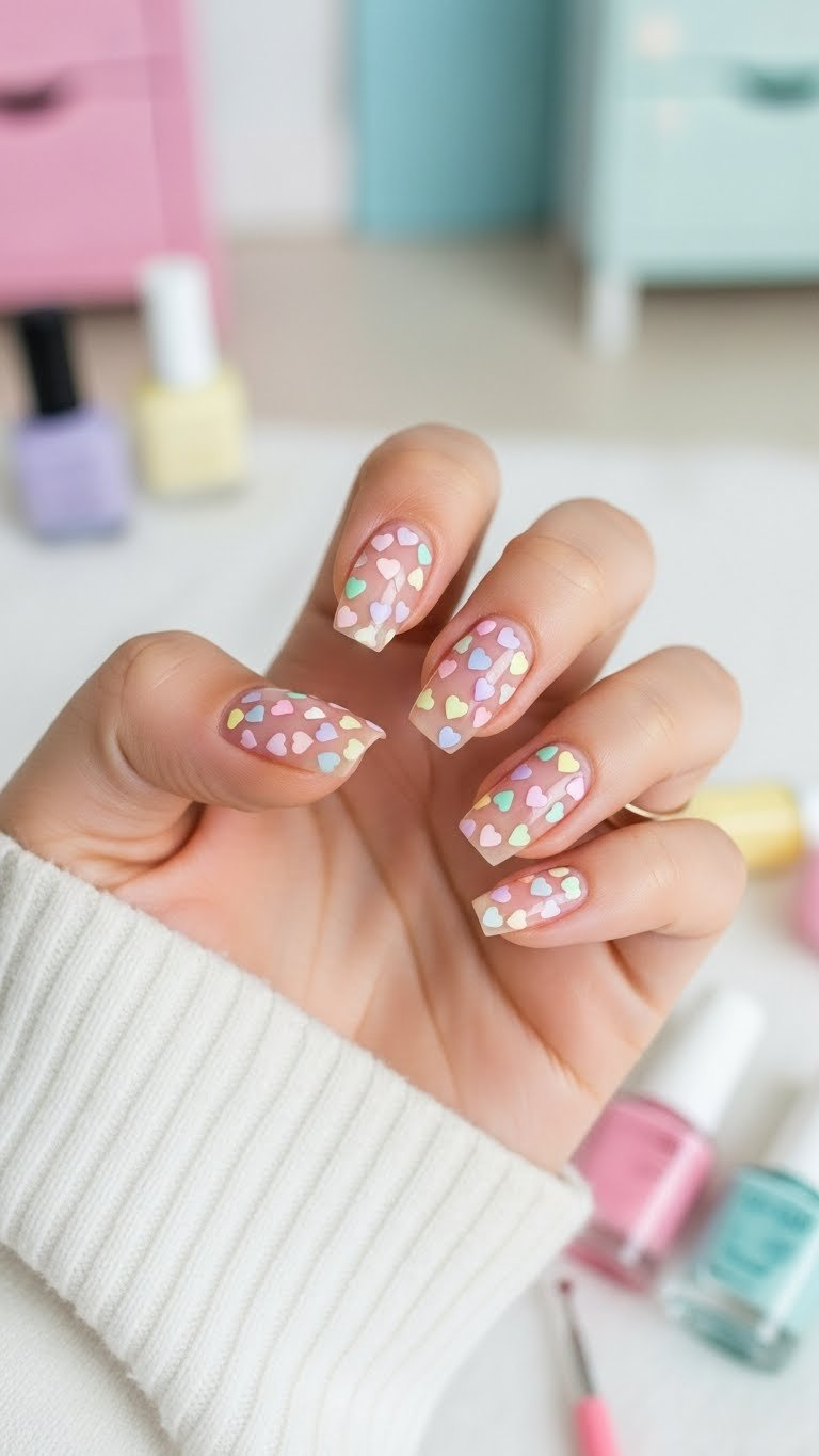 Sheer nude nails with colorful pastel heart sprinkles and dotting tools arranged on soft white blanket background