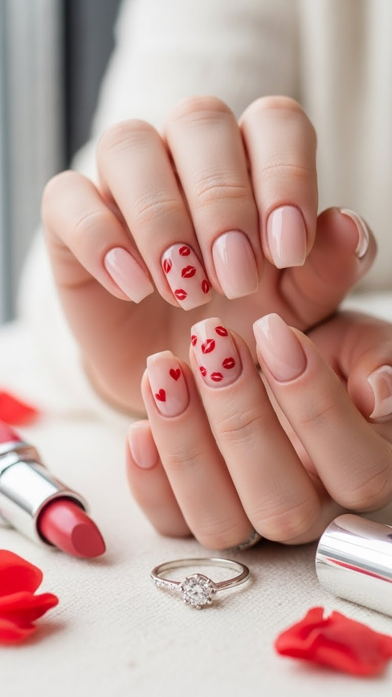 Sheer nude nails with subtle red lip kiss prints and lipstick tube accessory against soft textile background