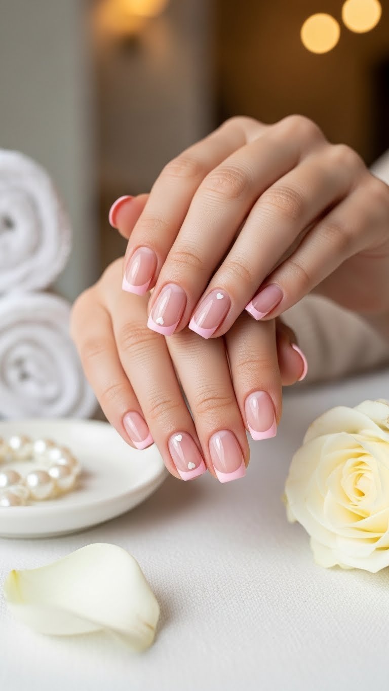 Short French tip nails with white accent dots on soft pink tips against white linen background