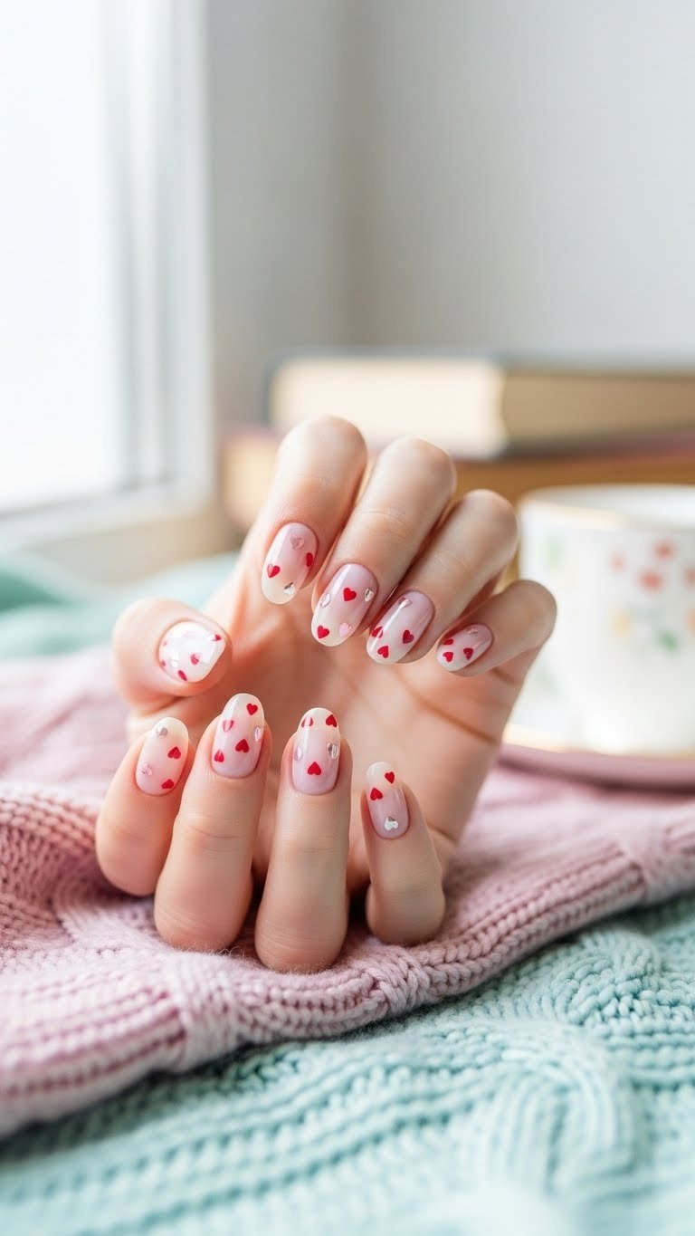 Short almond nails with delicate micro heart designs on soft pastel knitted blanket