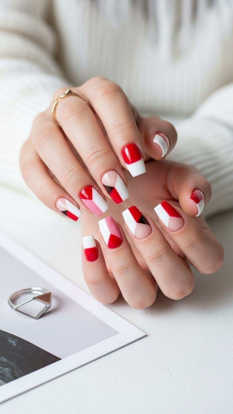 Short geometric design nails with pink red white patterns on minimalist white background