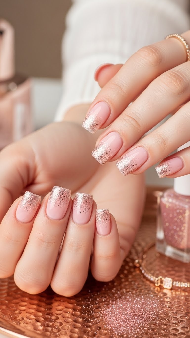 Short glitter gradient nails with pink base transitioning to sparkling tips on rose gold tray