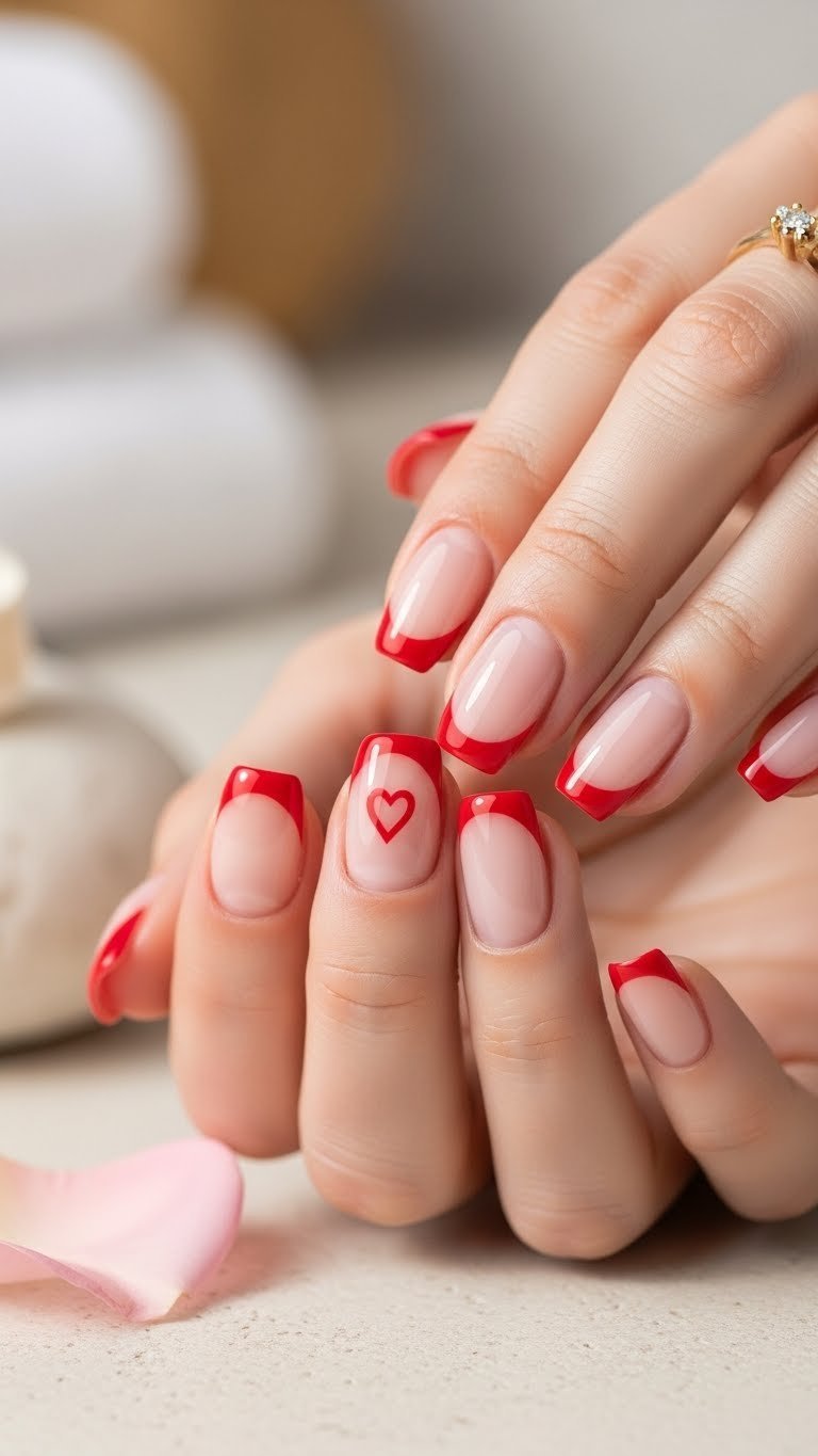 Short heart-shaped French tip nails with red tips on nude base against stone surface
