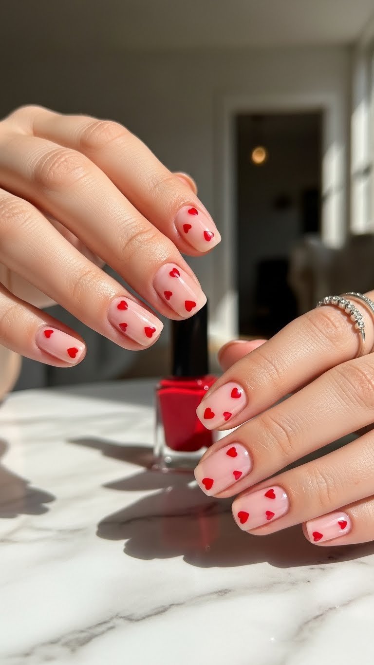 Short natural fingernails with delicate red hearts on sheer pink base coat in soft natural lighting on marble surface