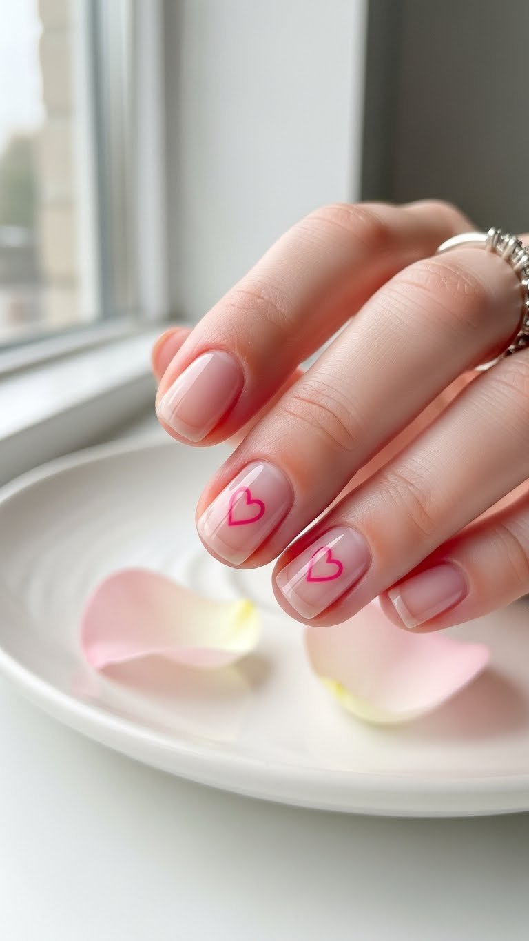 Short negative space heart design nails with transparent polish on white ceramic plate