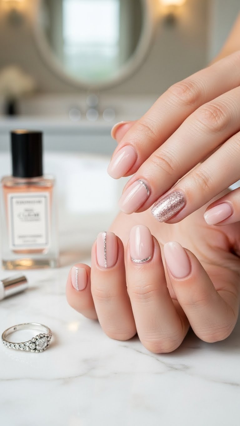 Short nude nails with silver glitter accents on marble countertop in soft lighting