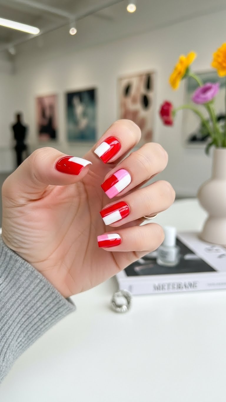 Short square nails with asymmetrical color block design in pink red white