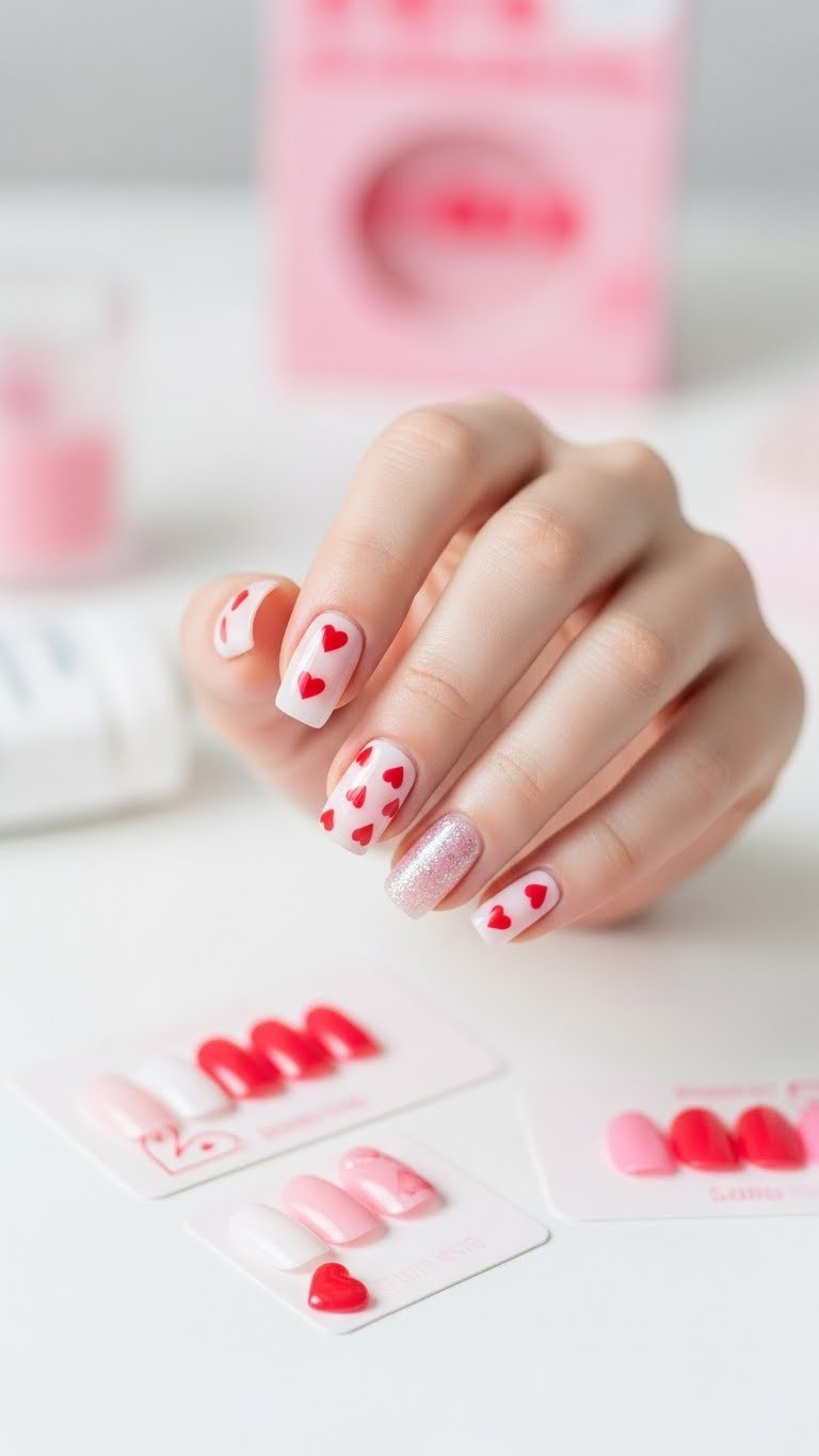 Short square press-on Valentine's Day nails featuring cute heart designs with nail kit packaging on clean white surface