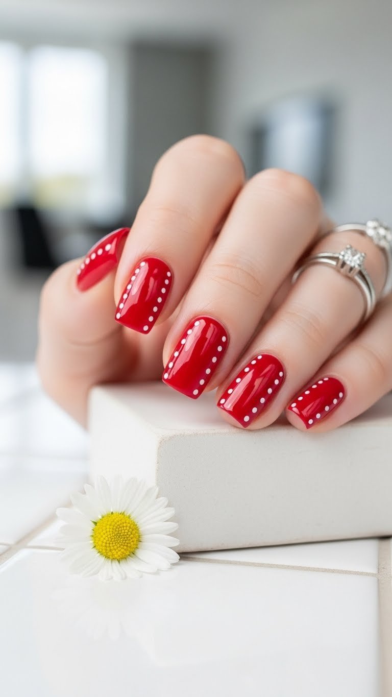 Short vibrant red nails with white dot accents on ceramic tile background