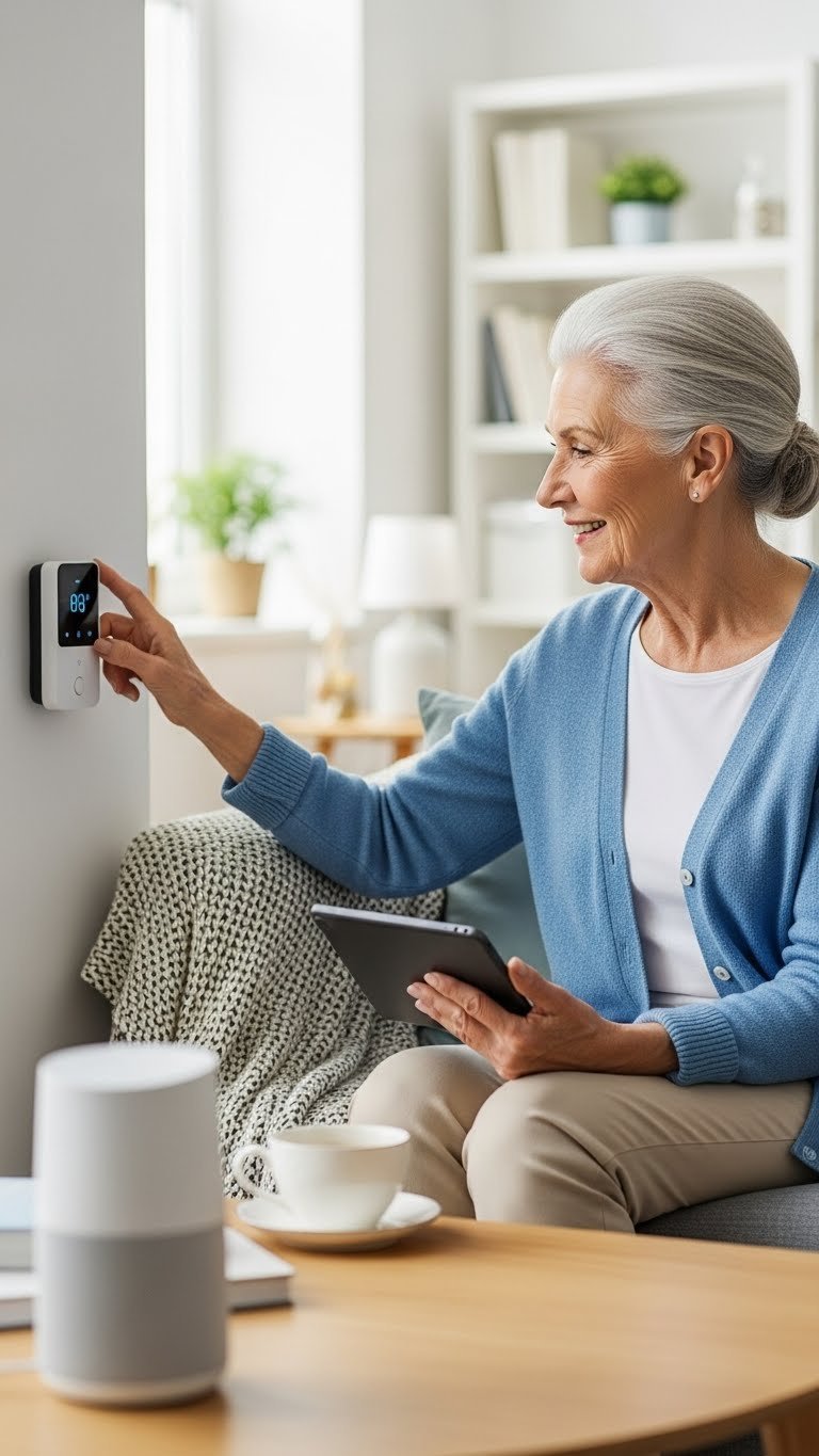 Silver-haired grandmother comfortably using smart home device while sitting on sofa in modern minimalist living room.