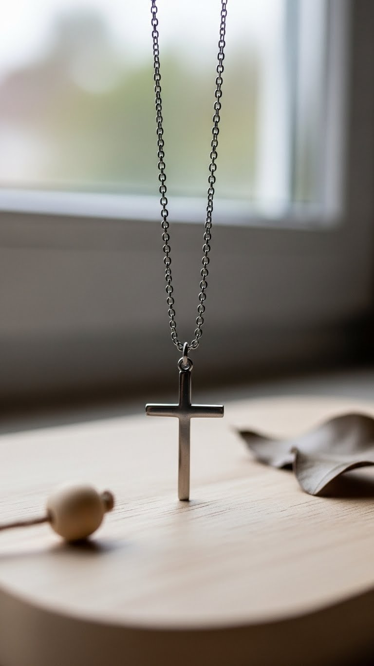 Simple brushed silver cross pendant necklace on light wooden surface with soft natural window light casting gentle shadows