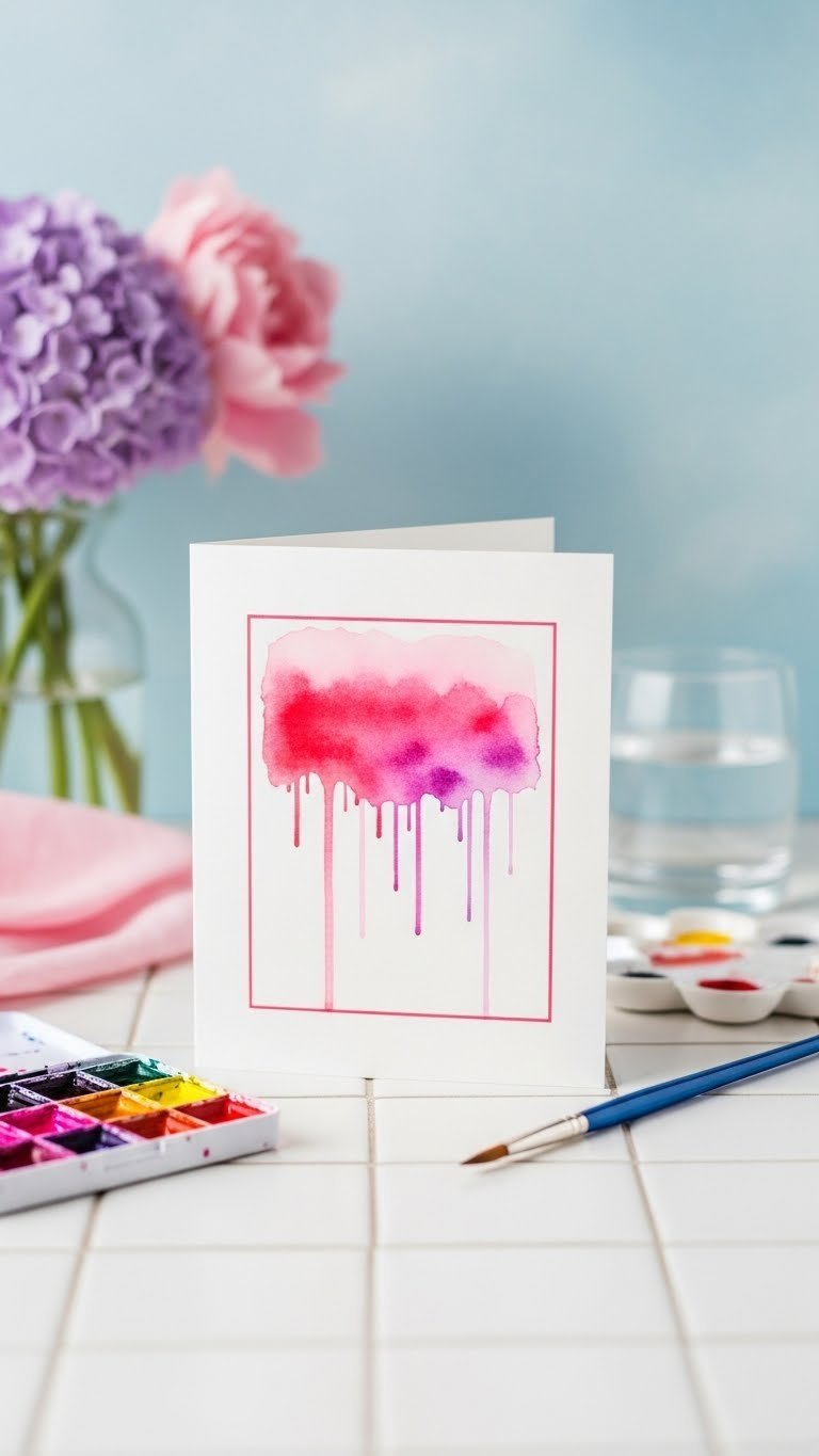 Simple watercolor drip Valentine card with pink and purple gradient wash effect on white ceramic tile background