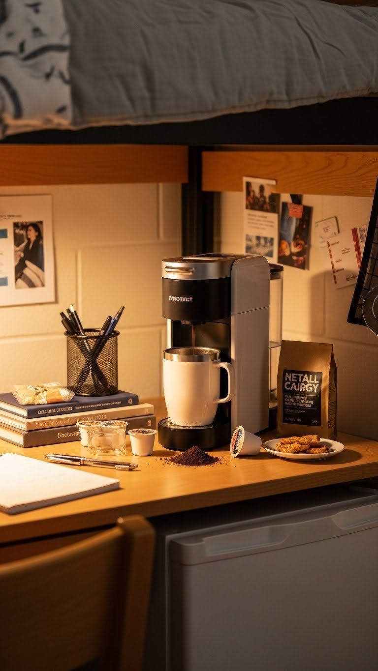 Single-serve coffee maker brewing into travel mug surrounded by coffee pods on dorm desk