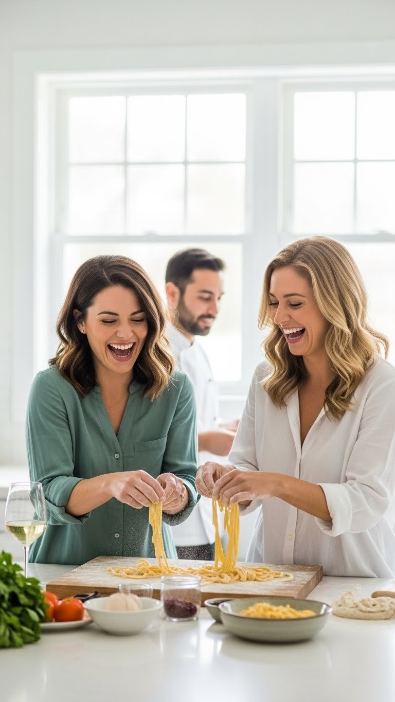 Sisters laughing joyfully while making pasta together in bright modern kitchen during cooking class experience