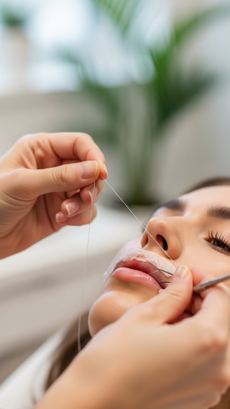 Skilled hands holding threading string poised over woman's upper lip for precise hair removal technique