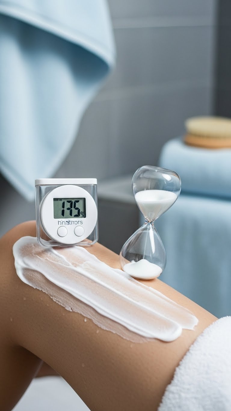 Skin covered in hair removal cream next to waterproof digital timer showing remaining minutes