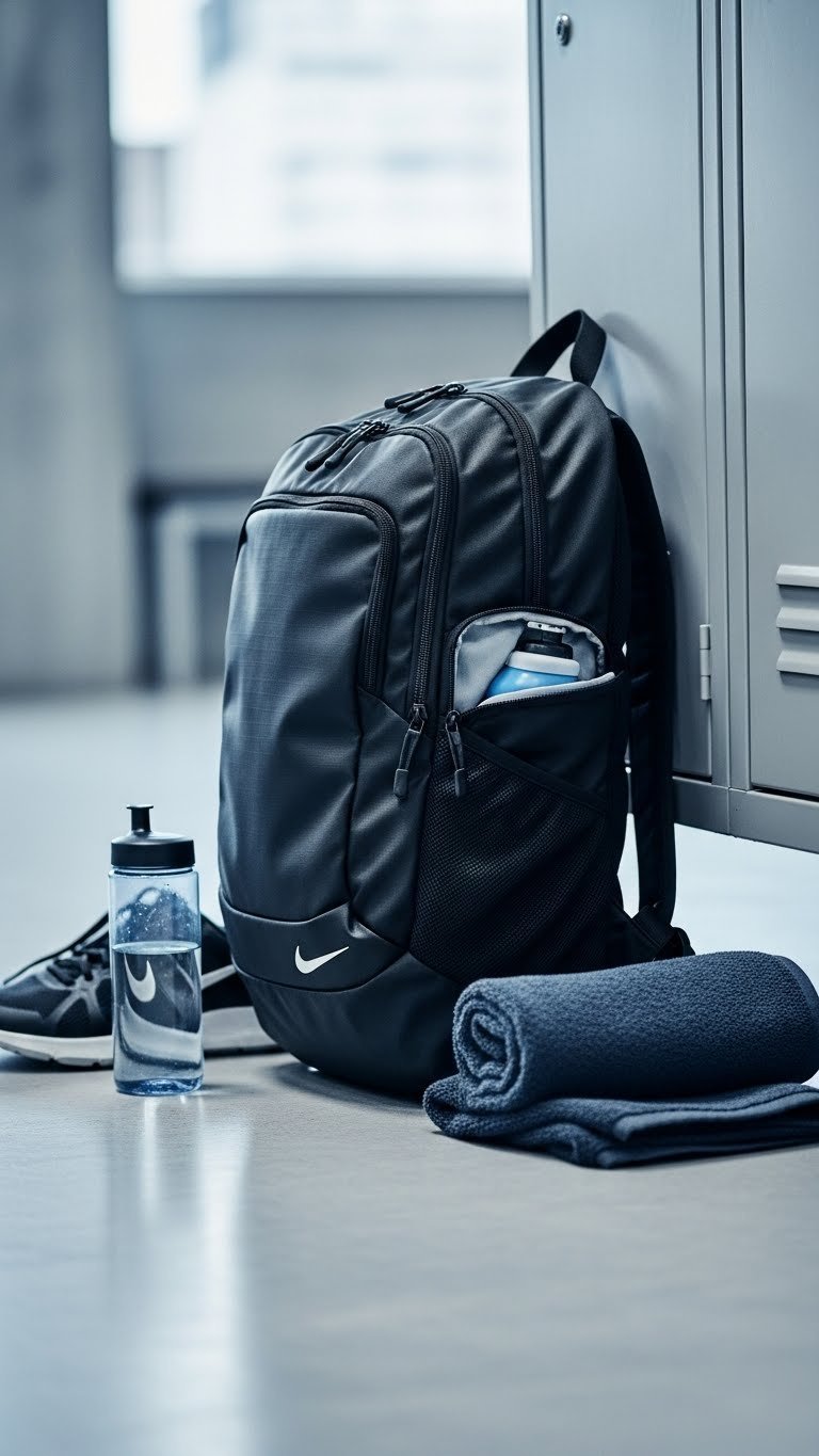 Sleek Nike athletic backpack upright on gym floor with compartments open showing functionality