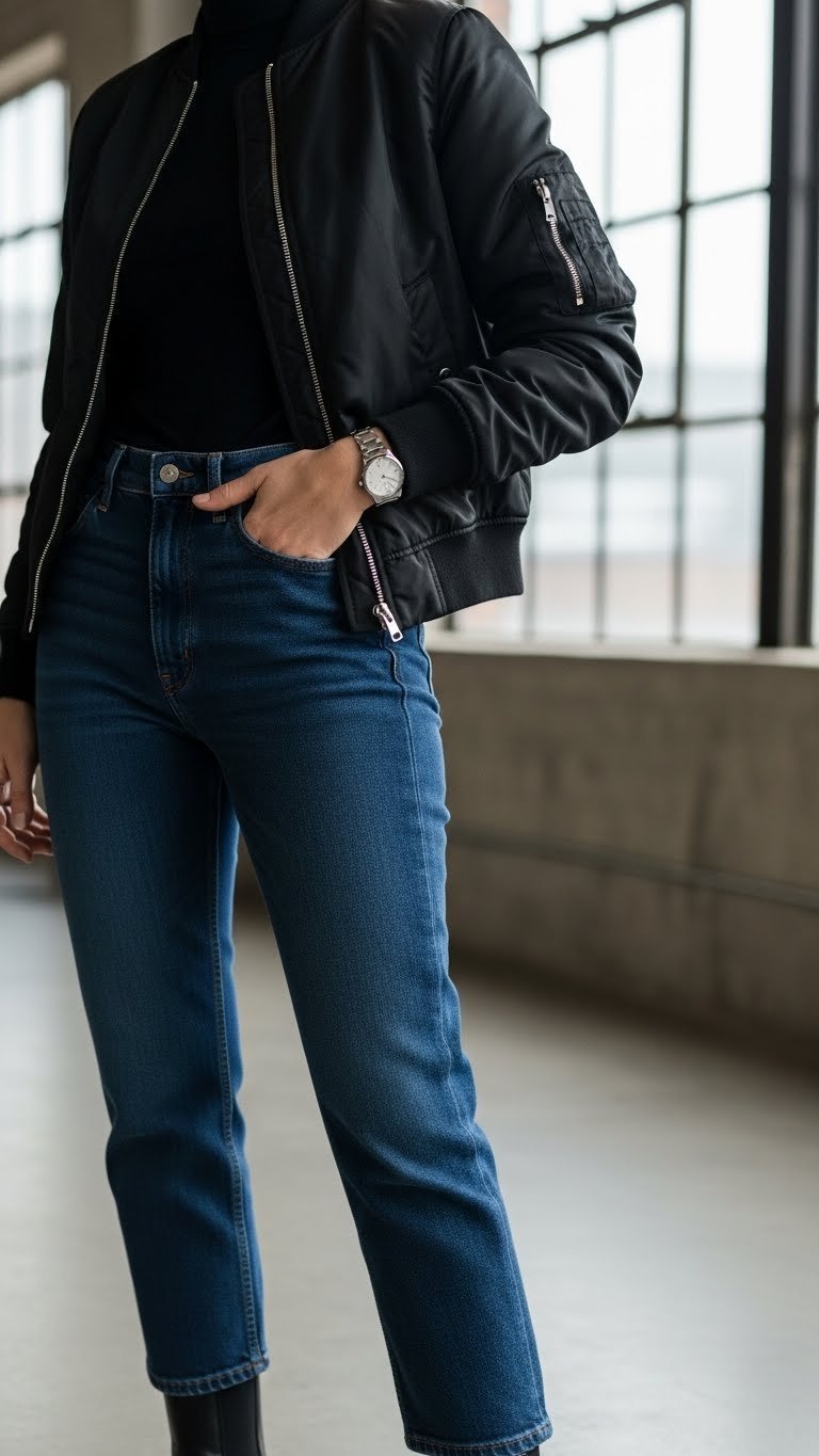 Sleek black bomber jacket over fitted turtleneck with dark wash jeans in industrial loft interior