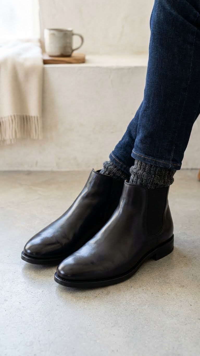 Sleek black leather ankle boots paired with dark denim jeans on concrete, highlighting clean lines and quality for stylish winter fashion.