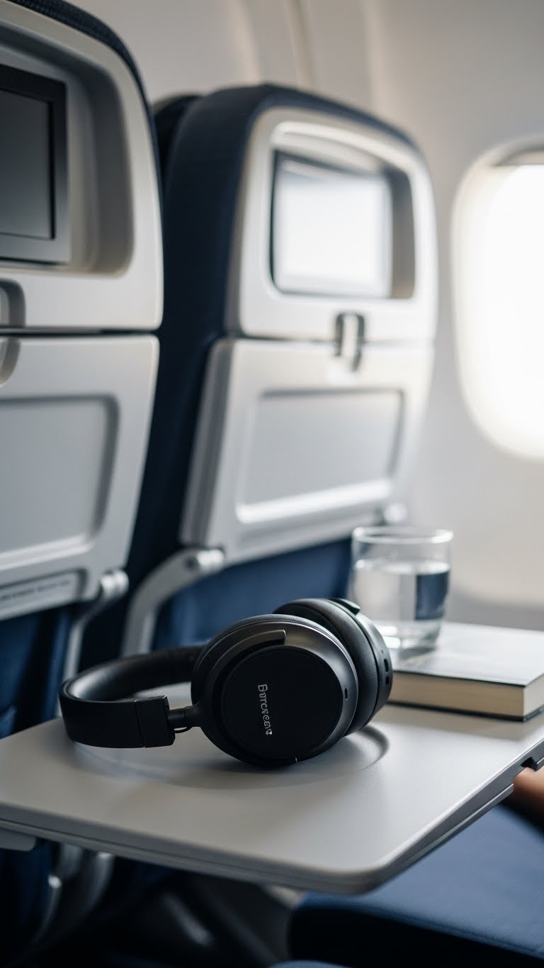 Sleek black noise-cancelling headphones resting on an airline tray table with a half-read book and soft airplane cabin background