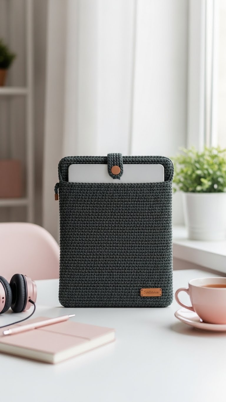 Sleek charcoal gray crocheted tablet sleeve with toggle closure partially holding tablet on desk