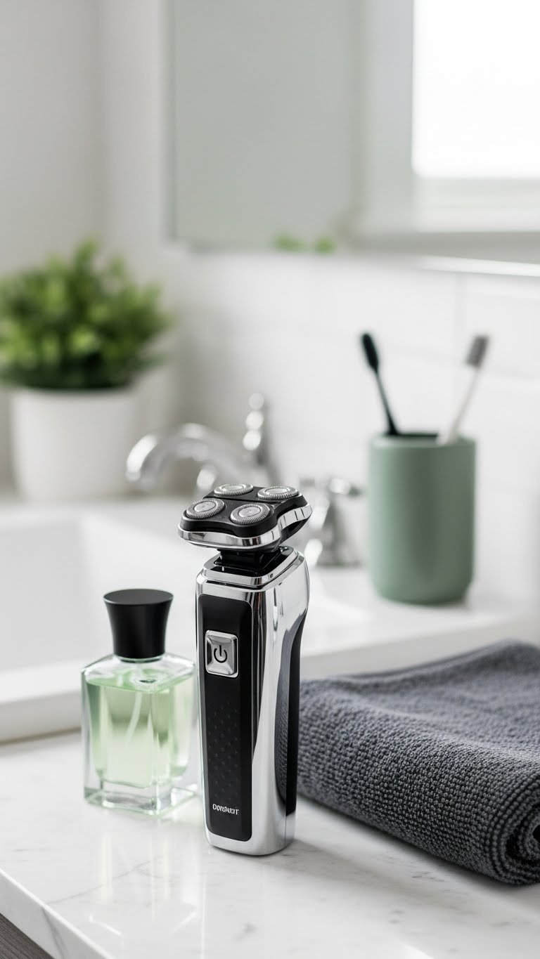 Sleek chrome electric shaver with angled head on white marble bathroom counter beside aftershave bottle and gray towel.