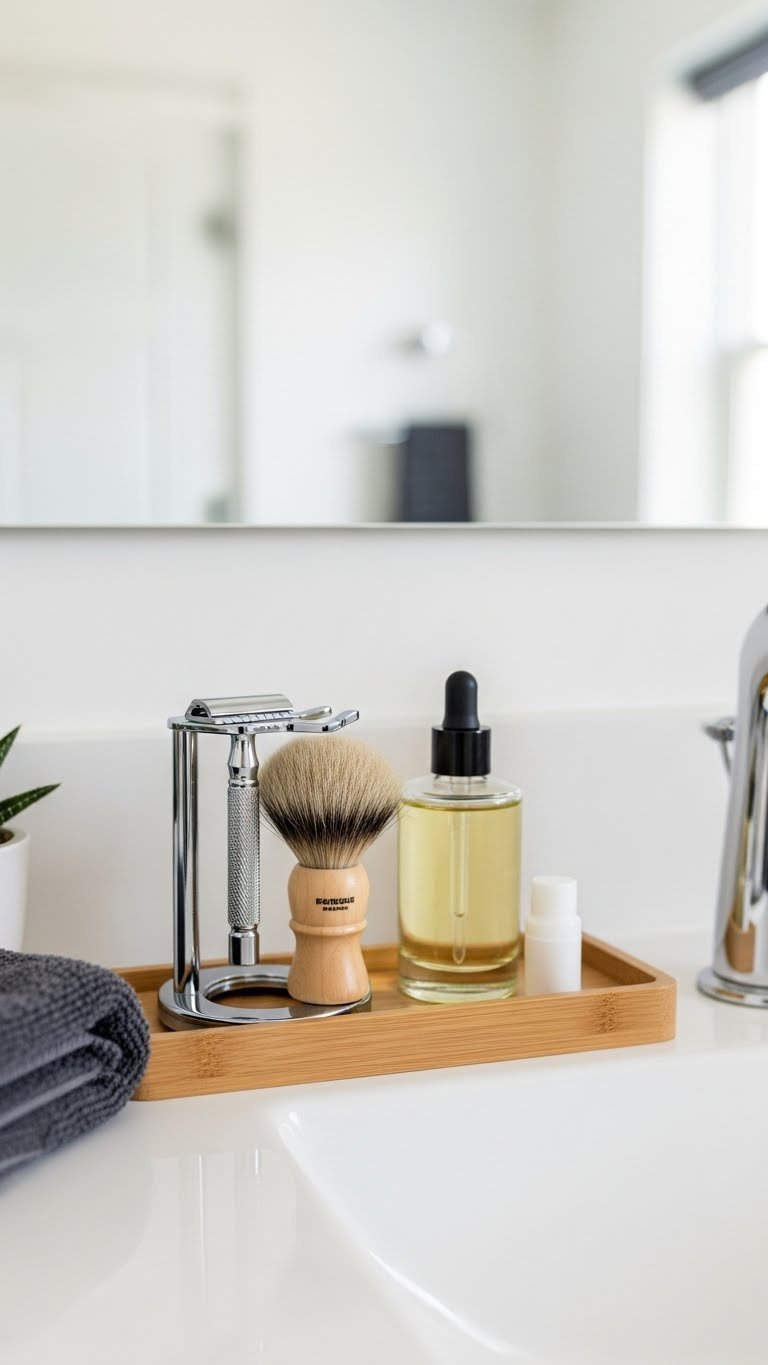 Sleek chrome shaving stand holding safety razor and brush with wooden organizer tray