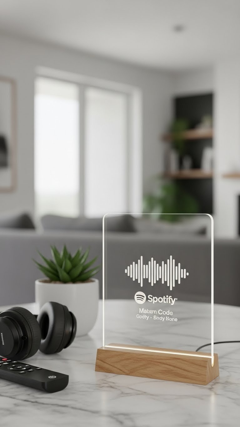 Sleek custom Spotify code plaque on marble surface illuminated with soft studio lighting
