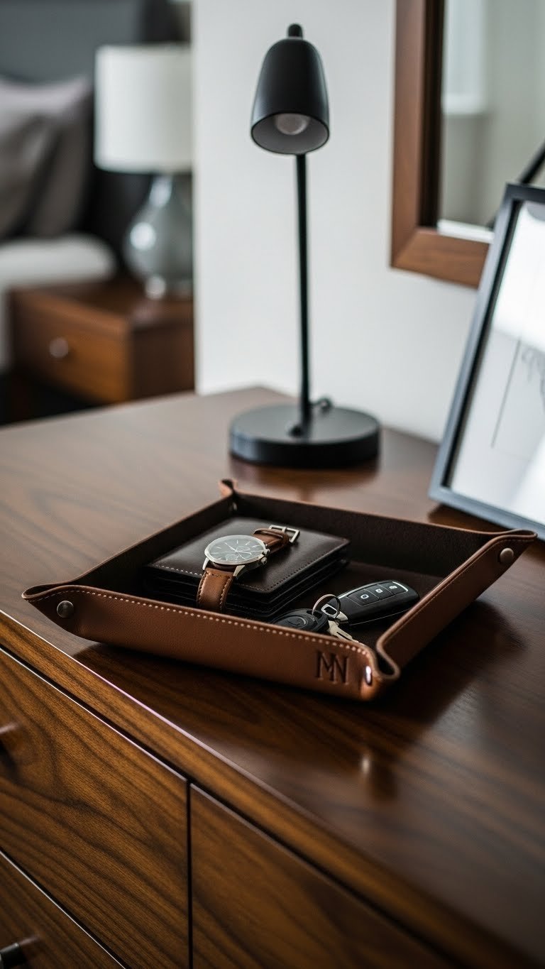 Sleek dark brown leather valet tray with debossed initials holding a luxury watch, minimalist wallet, and car keys on polished wood dresser.