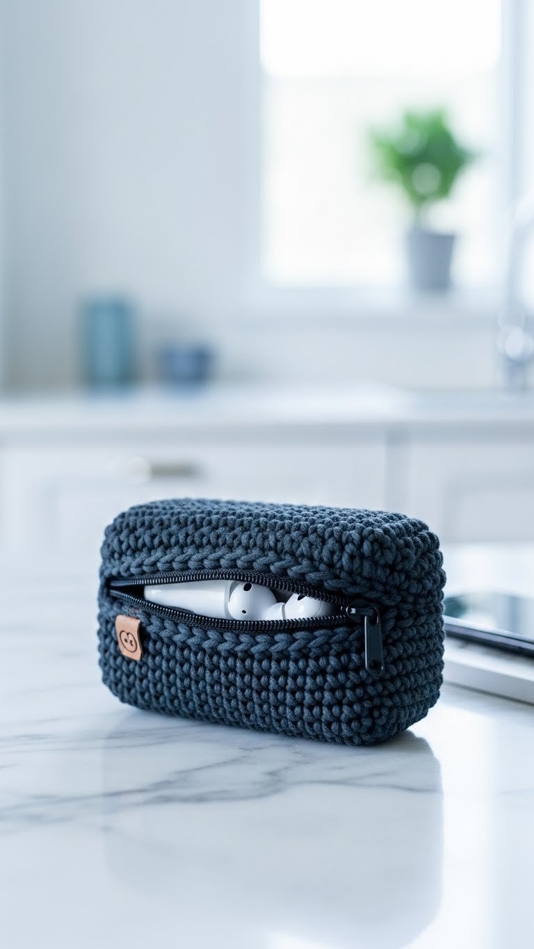 Sleek dark cotton crocheted headphone pouch with zipper closure revealing wireless earbuds on marble surface