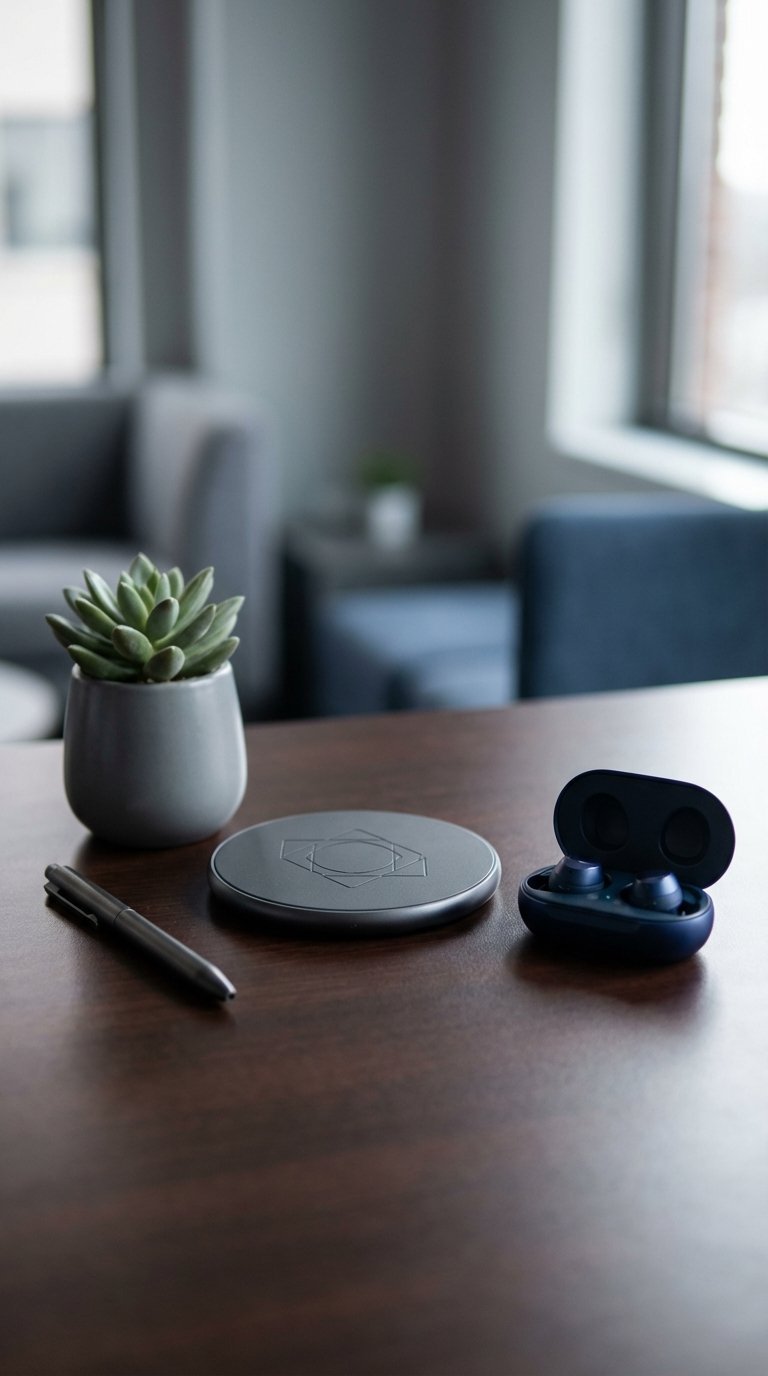 Sleek dark wireless charger with custom engraving and premium wireless earbuds arranged on minimalist dark wood desk