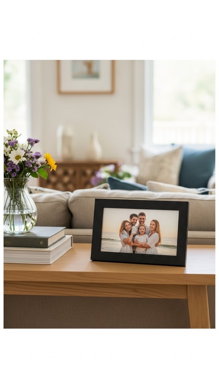 Sleek digital photo frame displaying vibrant family photo on light wooden console table
