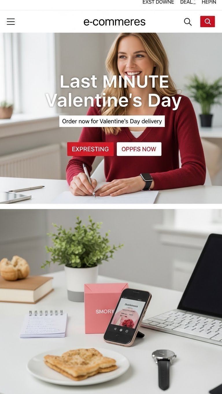 Sleek e-commerce website showing last-minute Valentine's Day deal banner with express shipping options.