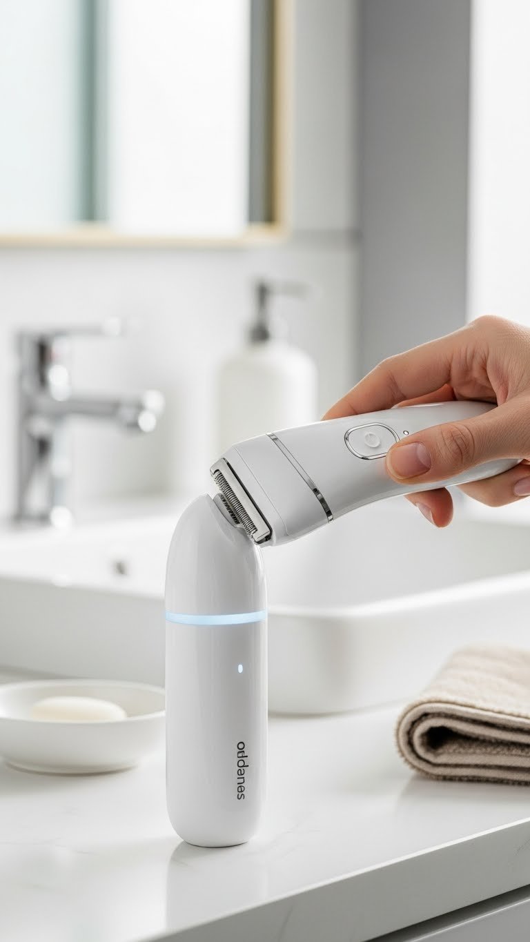 Sleek electric shaver gliding smoothly over dry skin on minimalist bathroom counter background