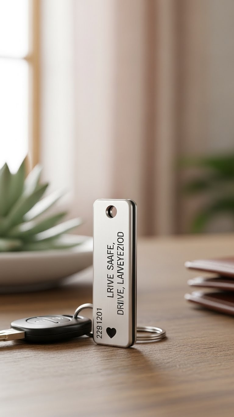 Sleek engraved metal keychain with heartfelt message resting on rustic wooden table in soft natural light with car keys in background.