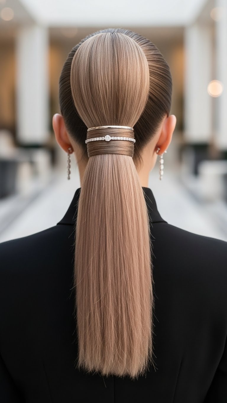Sleek high ponytail updo with silver hair cuff in minimalist luxury hotel interior background
