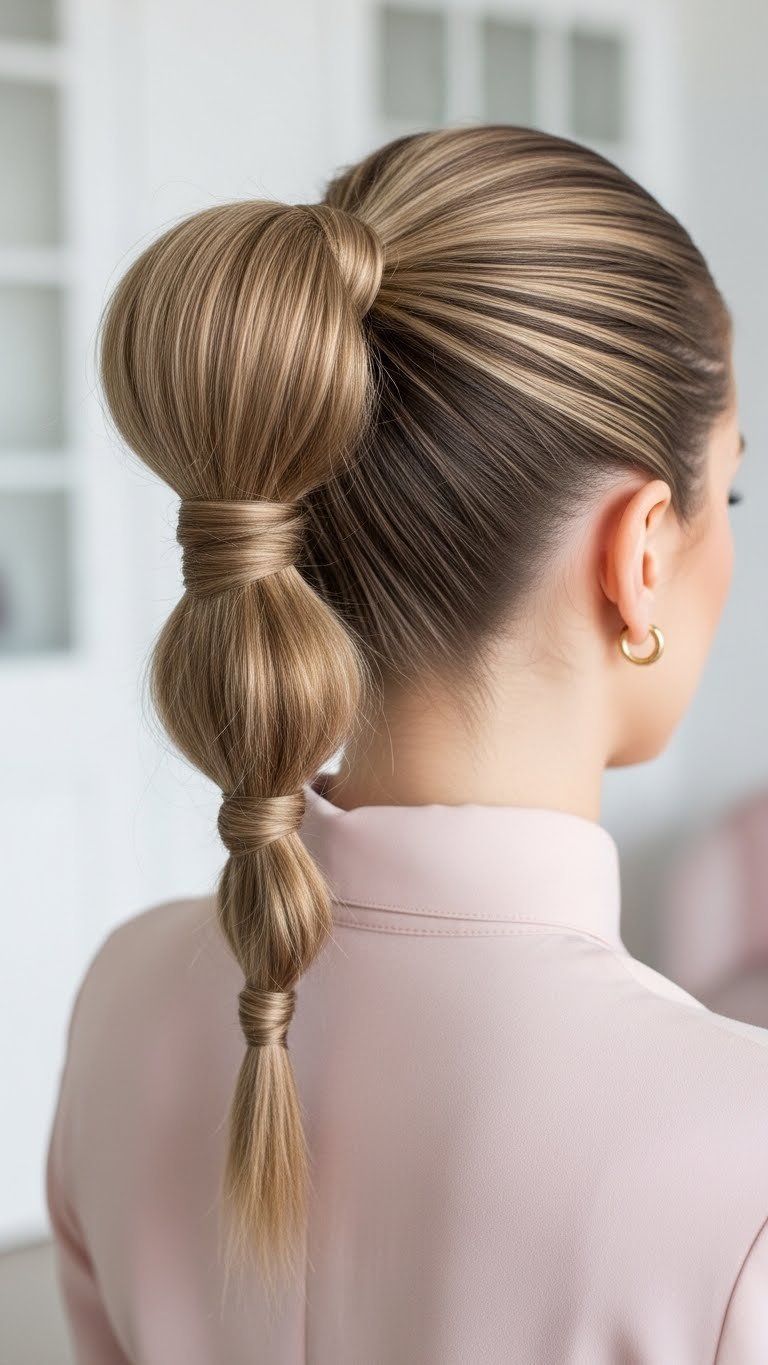 Sleek high ponytail with hair wrap and modern minimalist background in daylight