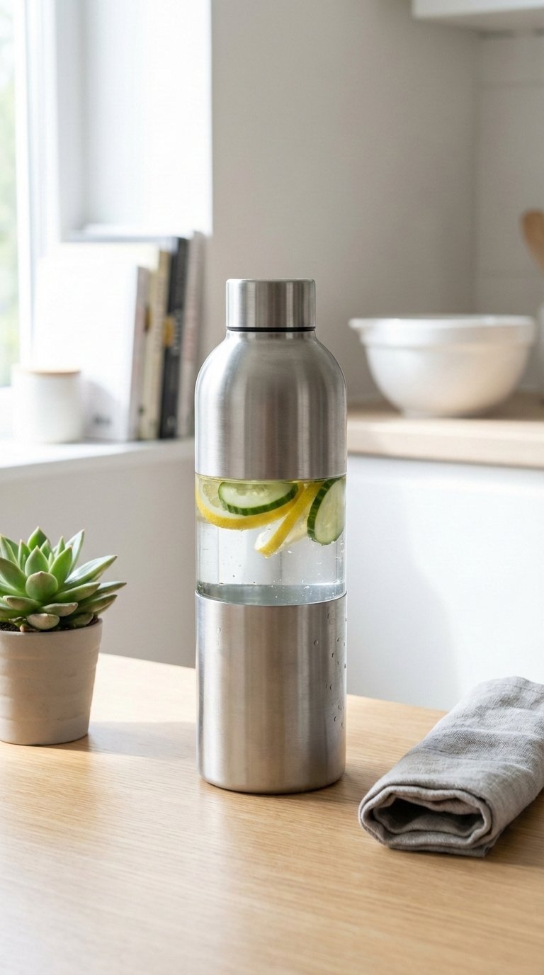 Sleek insulated water bottle filled with fresh water and lemon slices on minimalist wooden desk