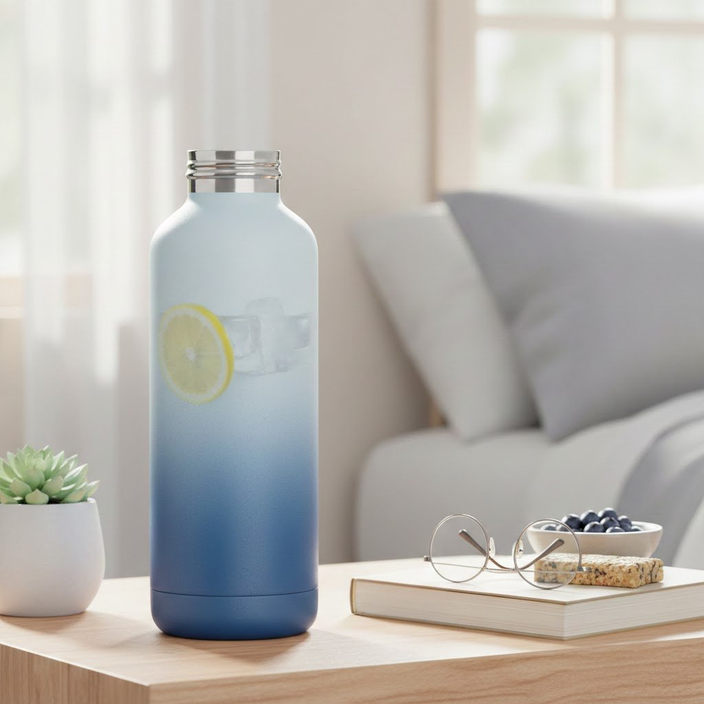 Sleek insulated water bottle with lemon slice on wooden bedside table next to pregnancy book