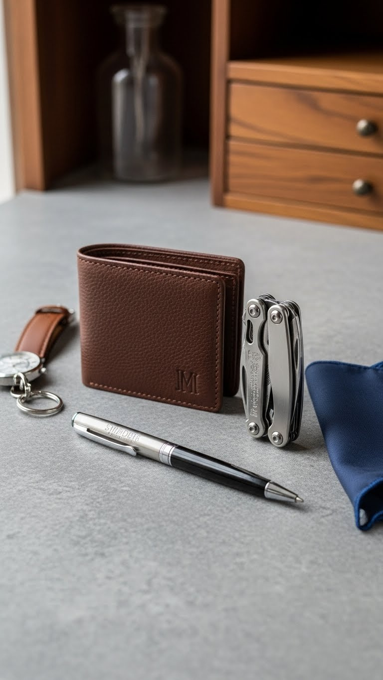 Sleek leather wallet with monogramming, engraved multi-tool, and custom pen on textured stone surface