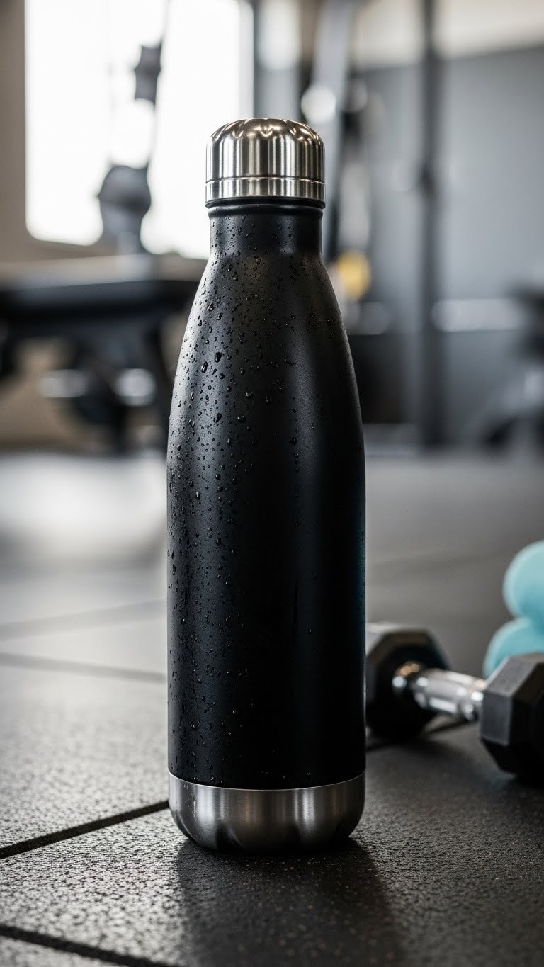 Sleek matte black insulated water bottle with condensation standing on gym floor with equipment background
