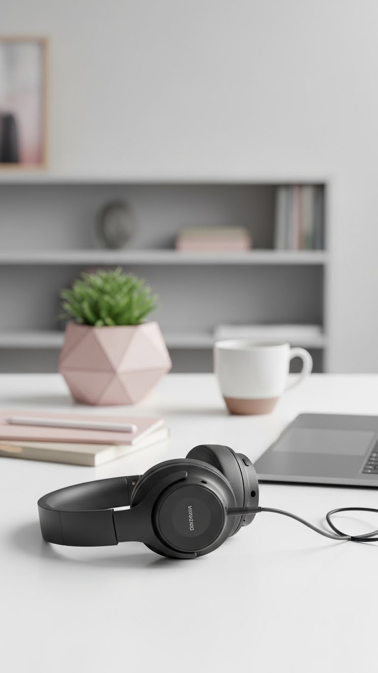 Sleek matte black noise-cancelling headphones on minimalist white desk with laptop and ceramic coffee mug.