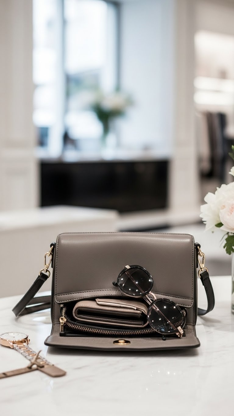 Sleek minimalist cross-body leather handbag open to reveal chic wallet and sunglasses on light marble surface.