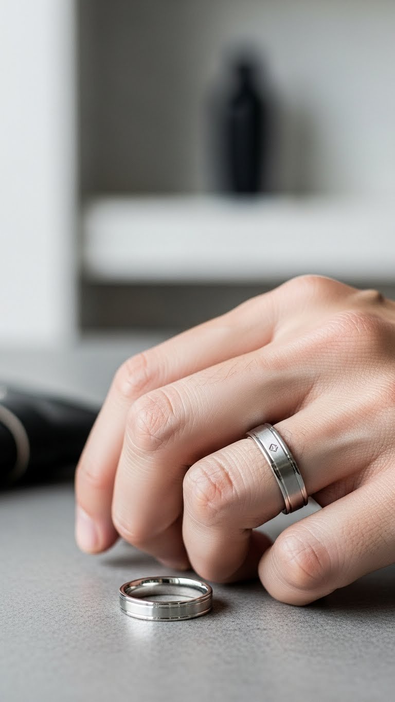 Sleek minimalist men's silver promise ring worn on finger with soft natural lighting against blurred modern home interior background