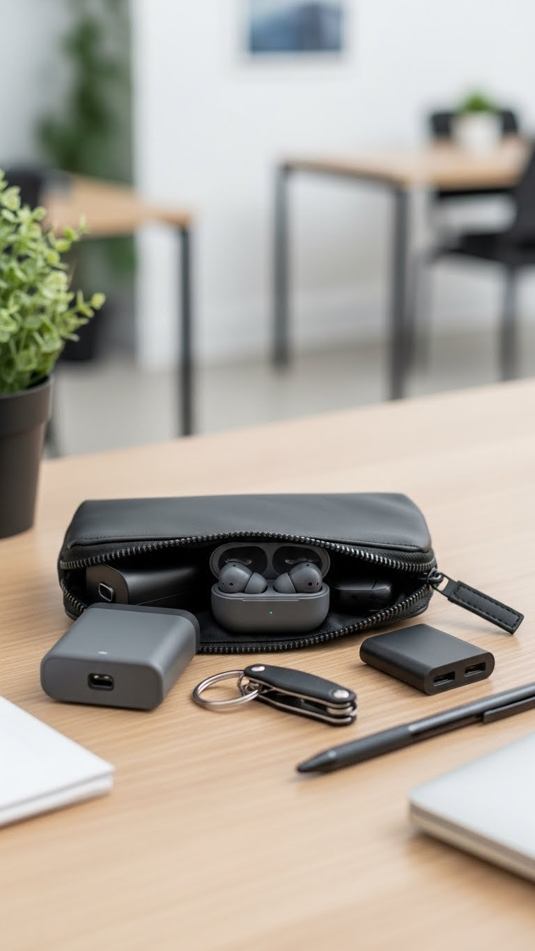 Sleek minimalist tech pouch unzipped revealing portable charger, wireless earbuds, multi-tool keychain and USB-C hub on wooden desk