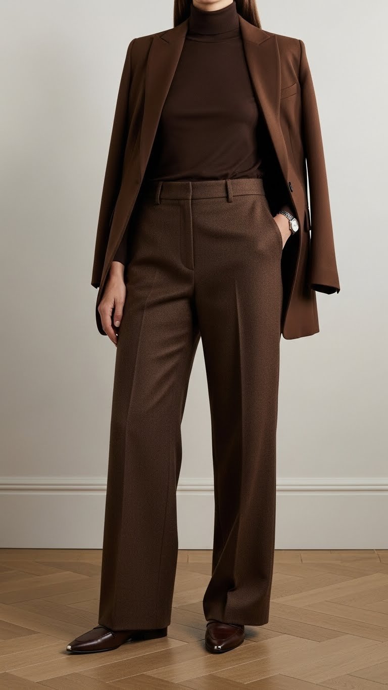 Sleek, modern all-dark-brown ensemble: fitted turtleneck, wide-leg wool trousers, blazer, silver watch, leather loafers.