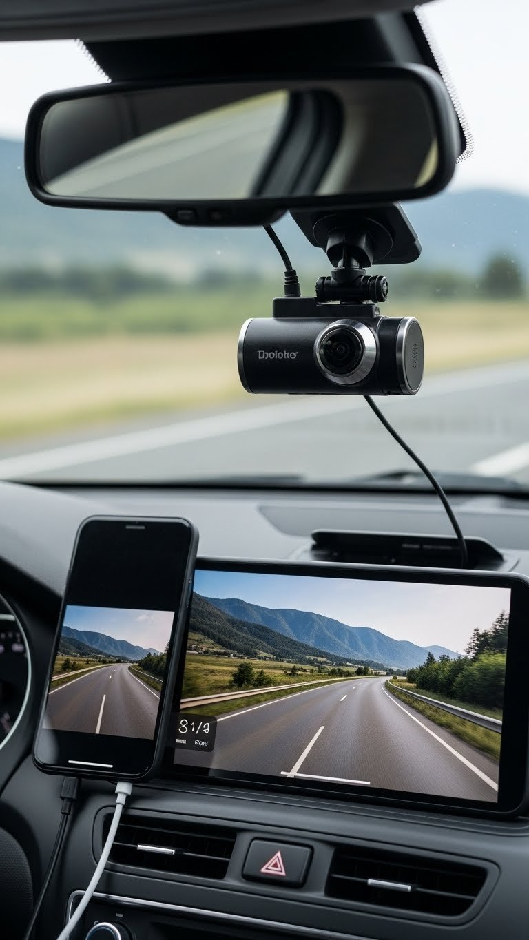 Sleek modern dash camera mounted on car windshield showing wide-angle view of road ahead with soft natural daylight illumination.