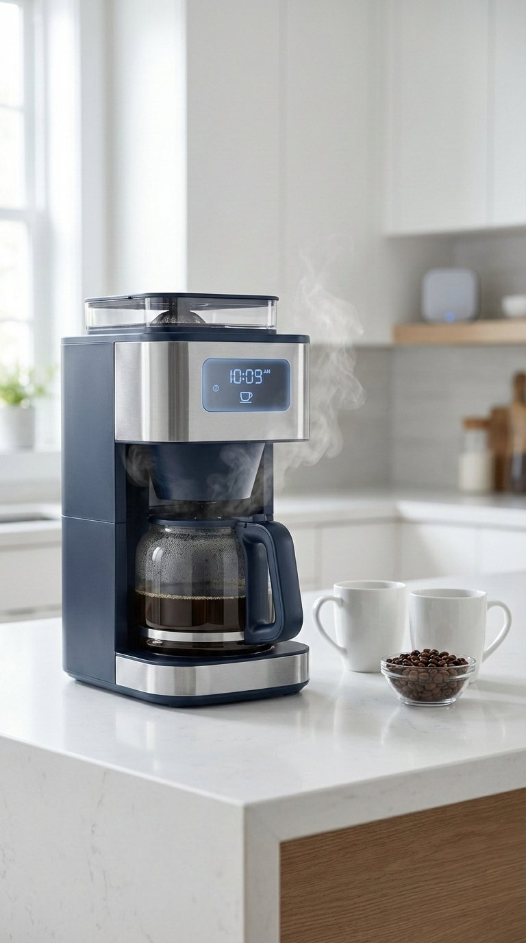 Sleek modern smart coffee maker brewing with steam rising on white quartz countertop in minimalist kitchen.