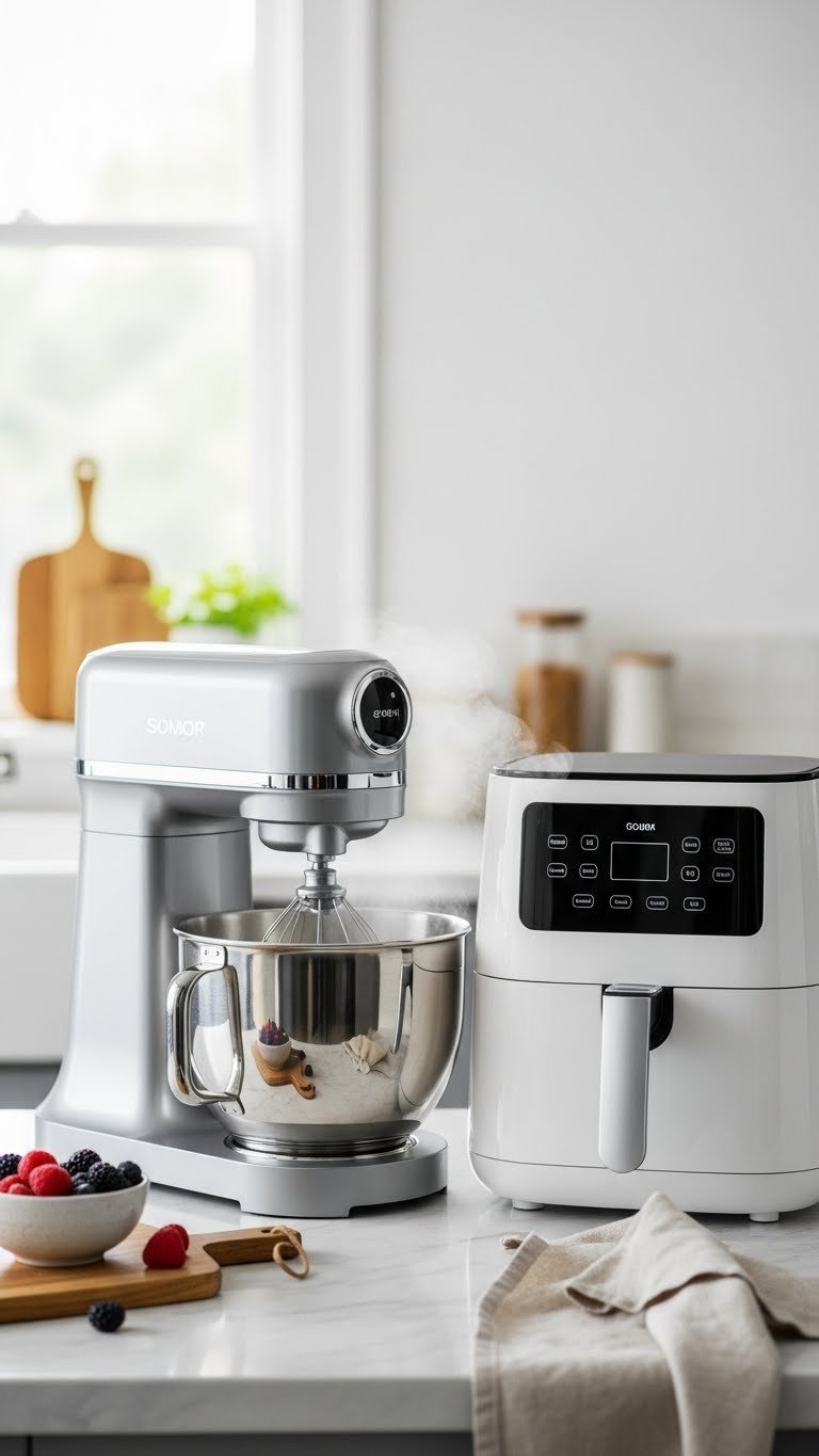 Sleek modern stand mixer on marble countertop with fresh berries and cooking steam in minimalist kitchen setting